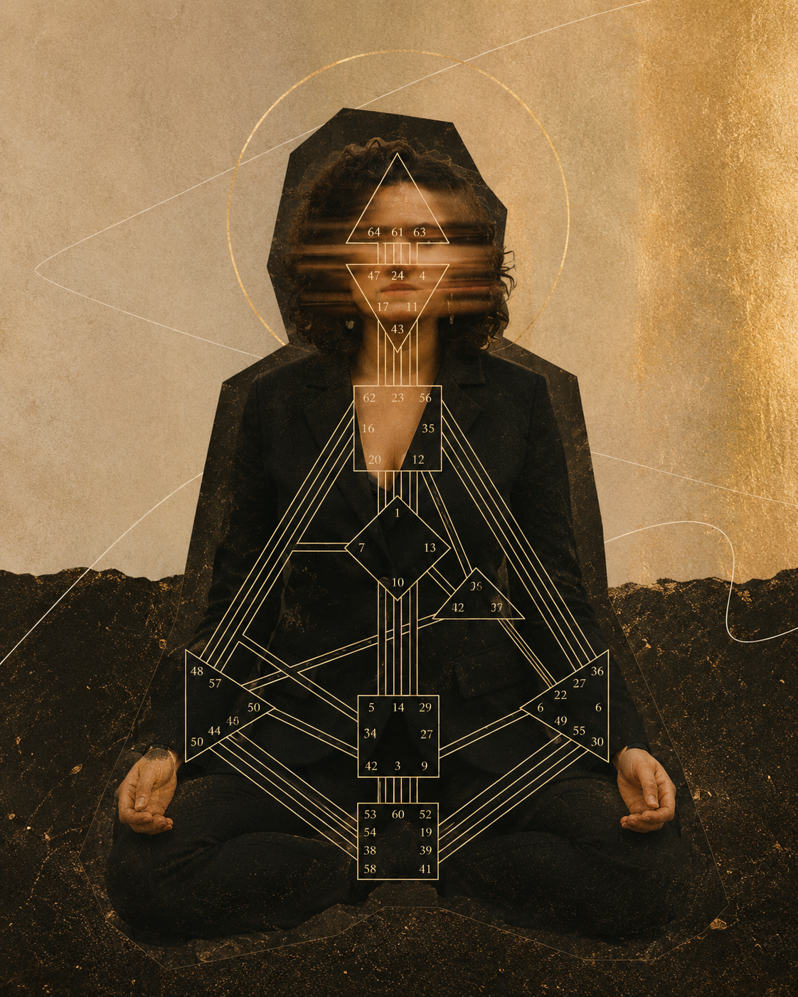 Bodygraph sobreposto a uma mulher em meditação